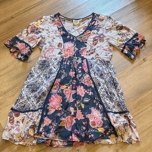 Anthropologie Floral Patchwork Midi Dress - Pink, Blue, Cream, super cute Boho